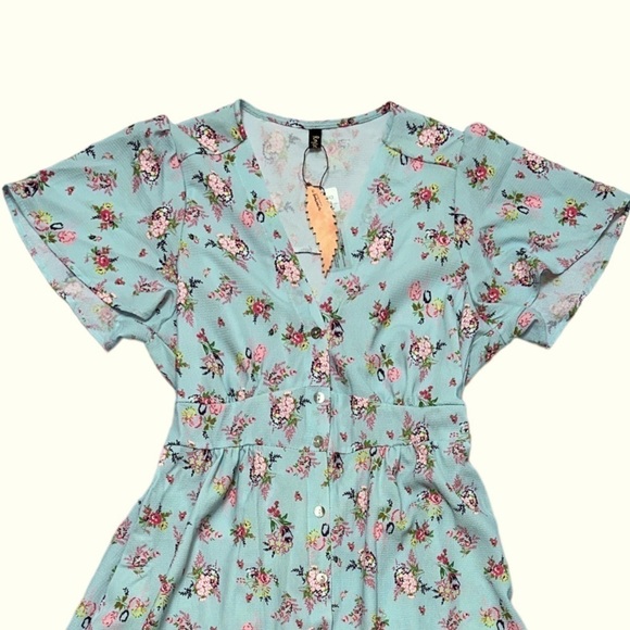Roylamp Floral Short Bell Sleeve Button Down Dress Pockets MIDI Deep V-Neck - Picture 5 of 10
